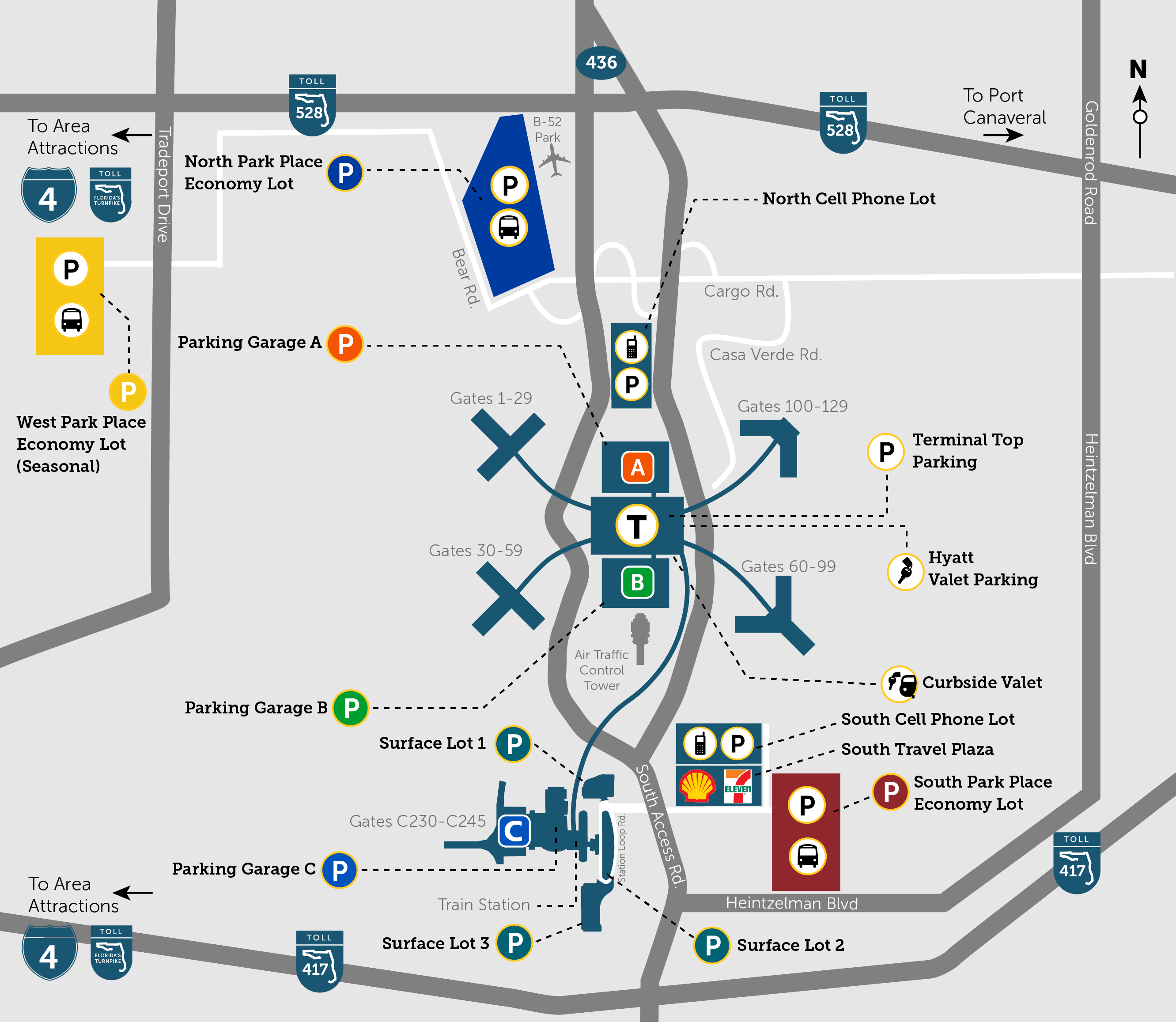a illustrated map of MCO terminal parking directions, highlight where to park per terminal with various P icons in different colors that match the terminal color.” data-src=
