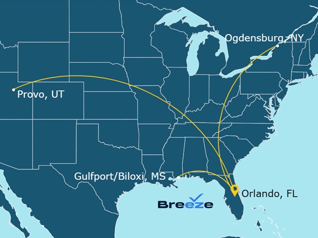 Fly Breeze non-stop to Gulfport, MS; Ogdensburg, NY or Provo, UT