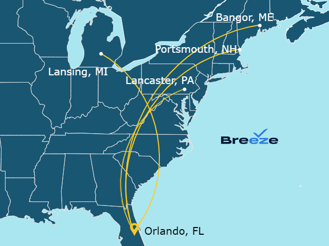 Fly Breeze non-stop to Lansing, MI; Bangor, ME; Lancaster, PA or Portsmouth, NH