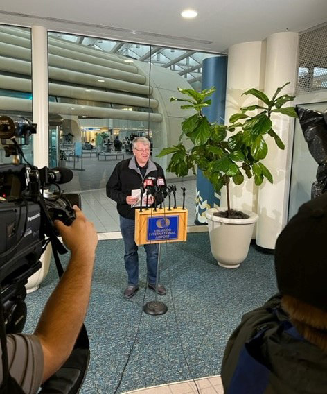 Kevin Thibault, Chief Executive Officer, Greater Orlando Aviation Authority announcing resumption of operations at Orlando International Airport